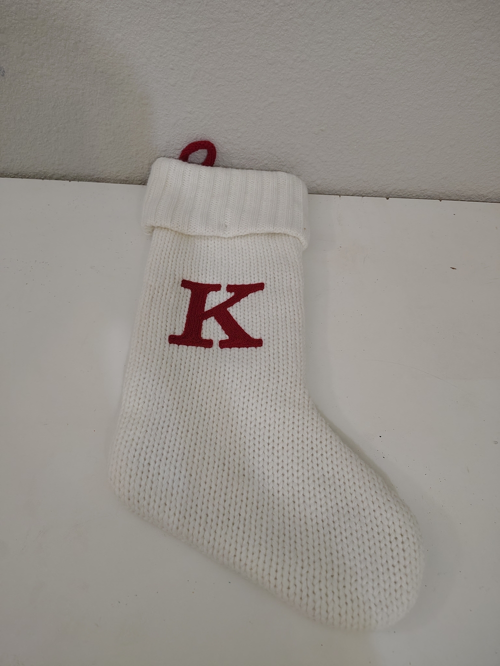 Wondershop White Knit Christmas Stocking with Red Letter K Monogram Decorations